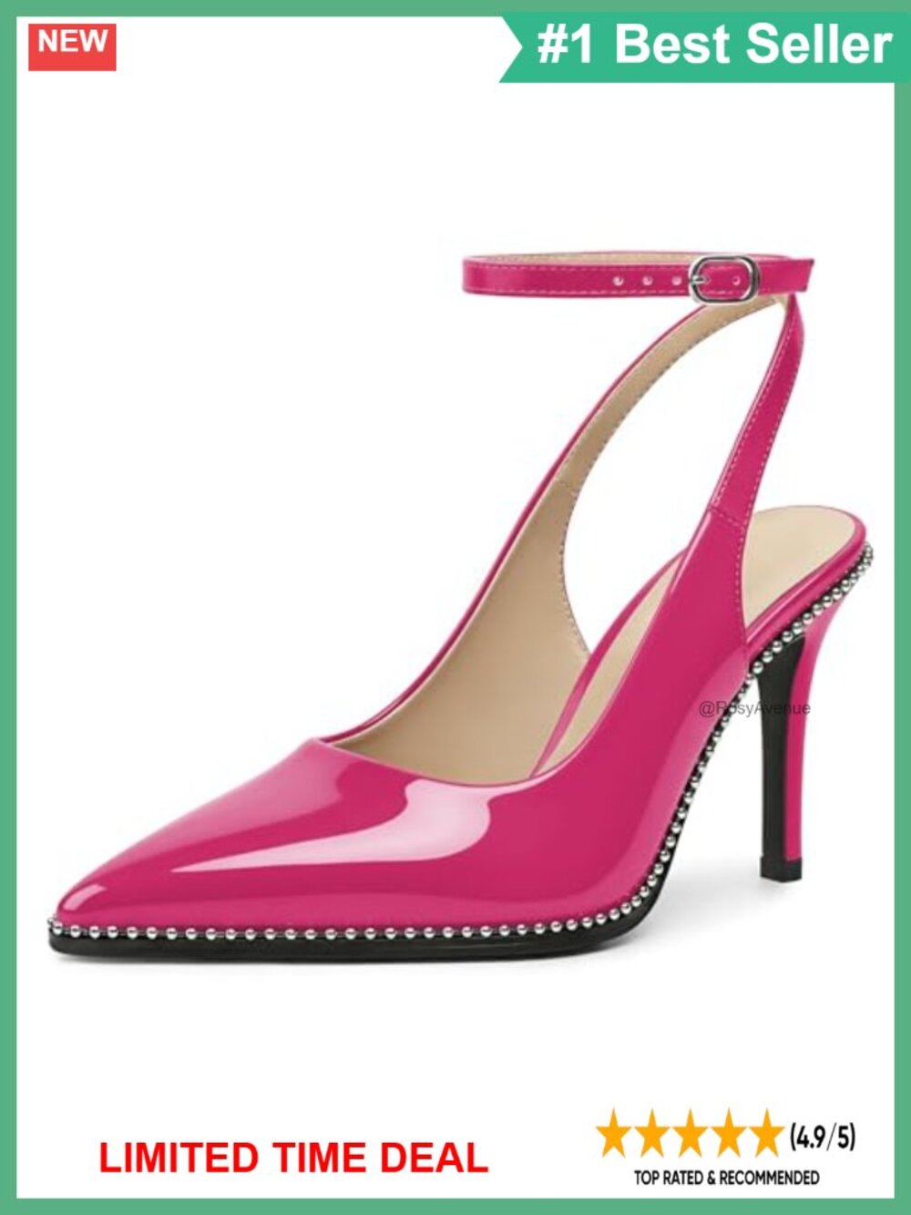 Slingback Heels Ankle Strap Pointed Toe Stiletto 3.5 Inch Beaded Pumps